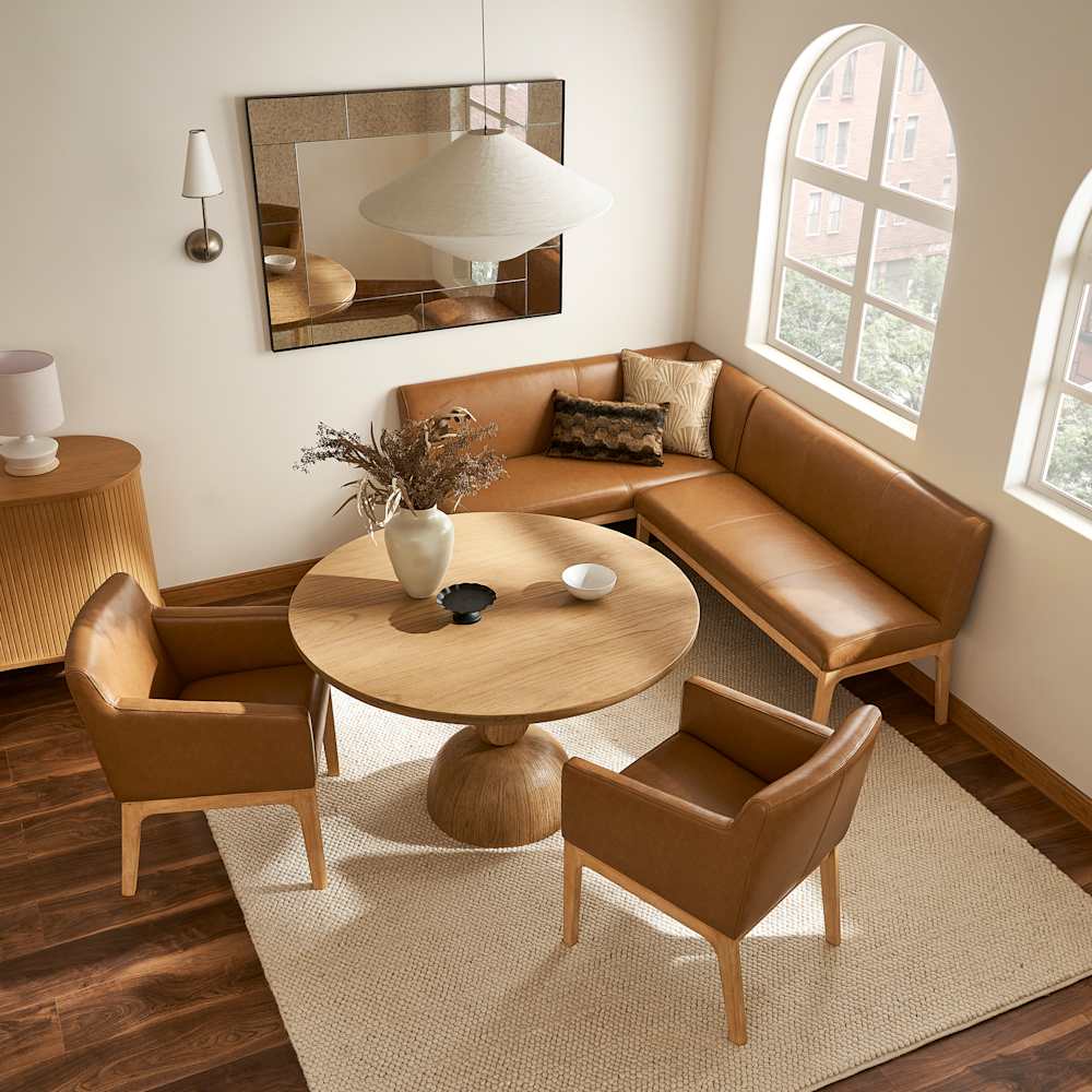 Elliot-Leather-L-Shape-Banquette-Left-Facing-With-Arm-Dining-Chairs-Caramel-Square-Set_2-1724726592
